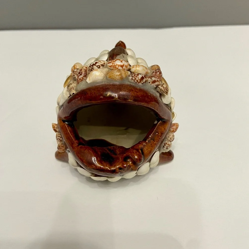 FOLK ART Wide Mouthed Shell Covered Whale Fish Ceramic Ashtray Boho Hippie Artsy